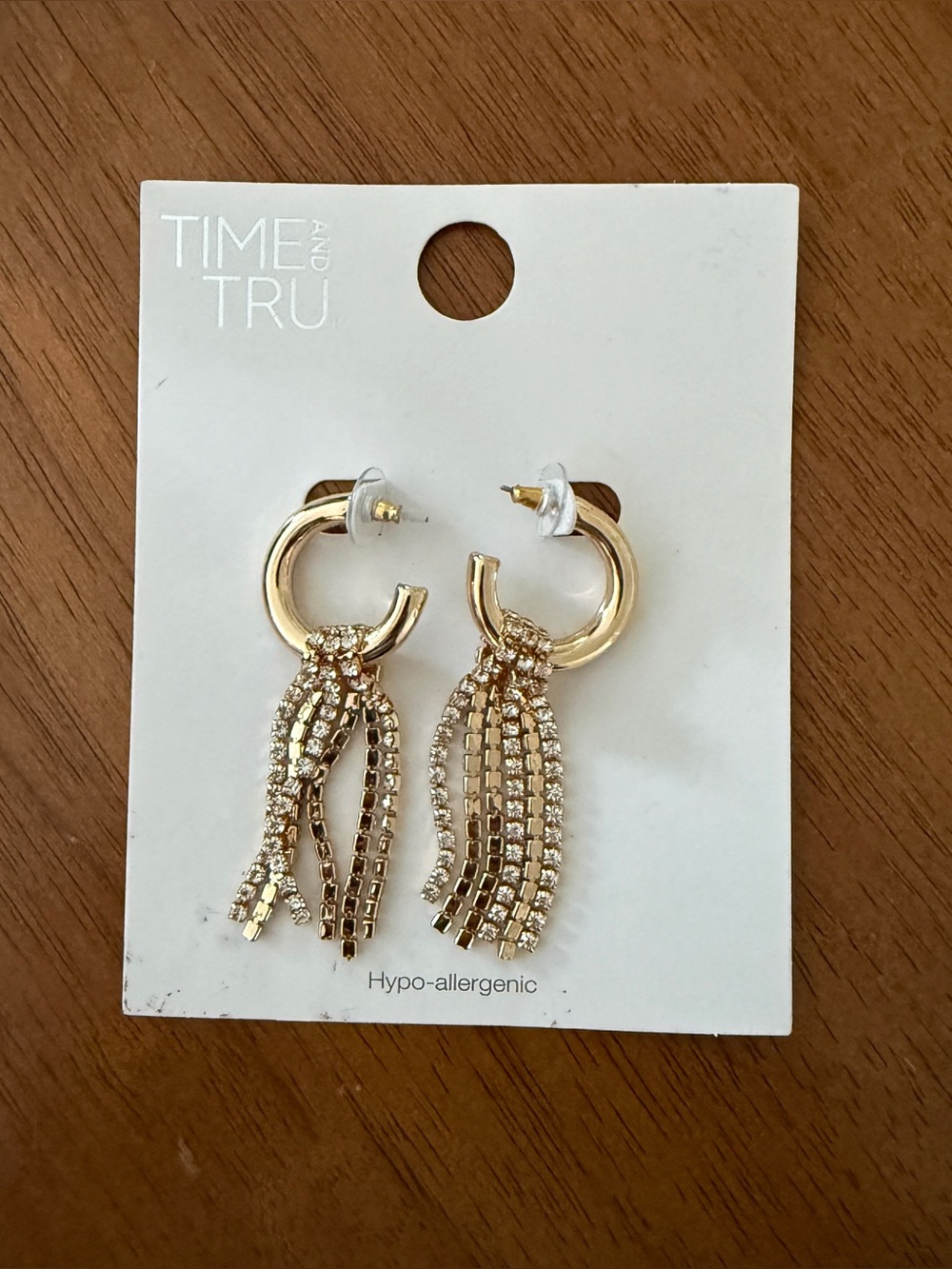 TIME AND TRU GOLD TONE RHINESTONE TASSEL HOOP DANGLE EARRINGS NEW